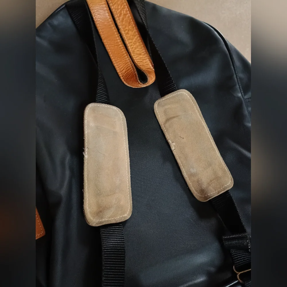 Jon Hart Design Black And Tan Coated Canvas Backpack With Monogram Travel Bag